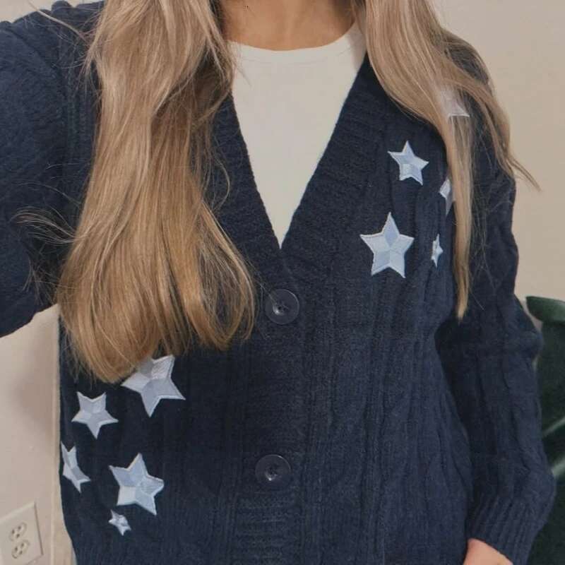 Winter Midnight Navy Blue Knitted Cardigans Women Spring Y2k Casual Star Embroidery Single Breasted Xs-5Xl Sweaters Dropshiping