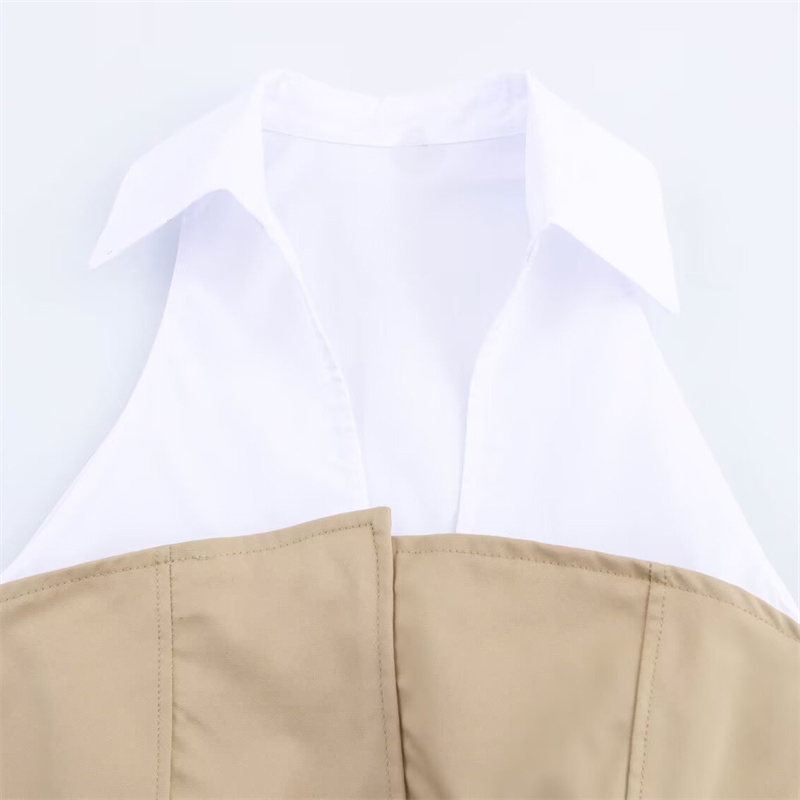2025 Spring New Product Women's Fashion Matching Belt Hanging Neck Collar Splicing Fashion Sleeveless Horse Clip Flip Collar Top