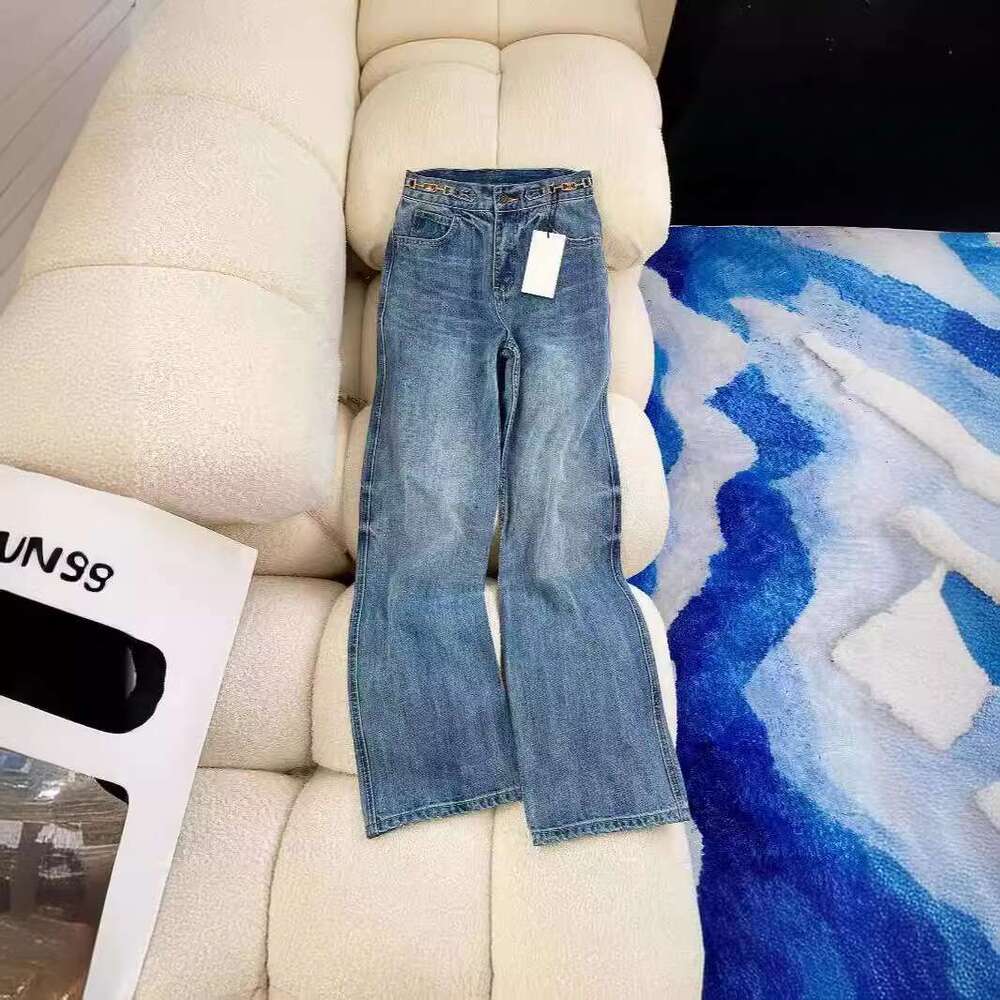 High End Spring New Pants Chain High Waist Slimming Wide Straight Leg Jeans For Women B5
