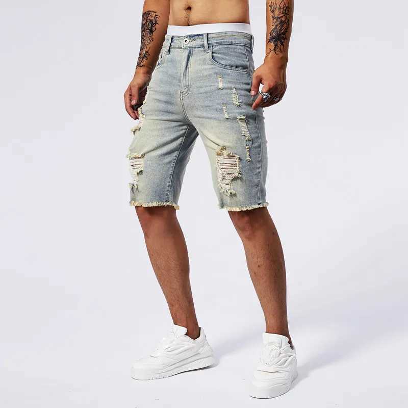 2025 Summer New Mens Ripped Denim Shorts Fashion Vintage Hole Streetwear Stretch Slim Knee-length Short Pants Trendy Brand Male T250603