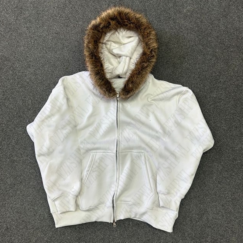 Y2K Zip up Hoodie Solid color Plush Coat Men Clothes Fur collar Hip Hop Streetwear Harajuku American Style Hooded Sweatshirt Top 250324