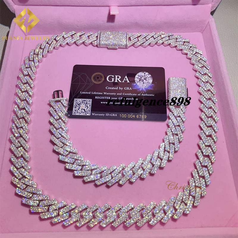 15mm Moissanite Bracelet Men Silver Cuban Link Chain Pass Diamond Tester Gra Vvs Necklace