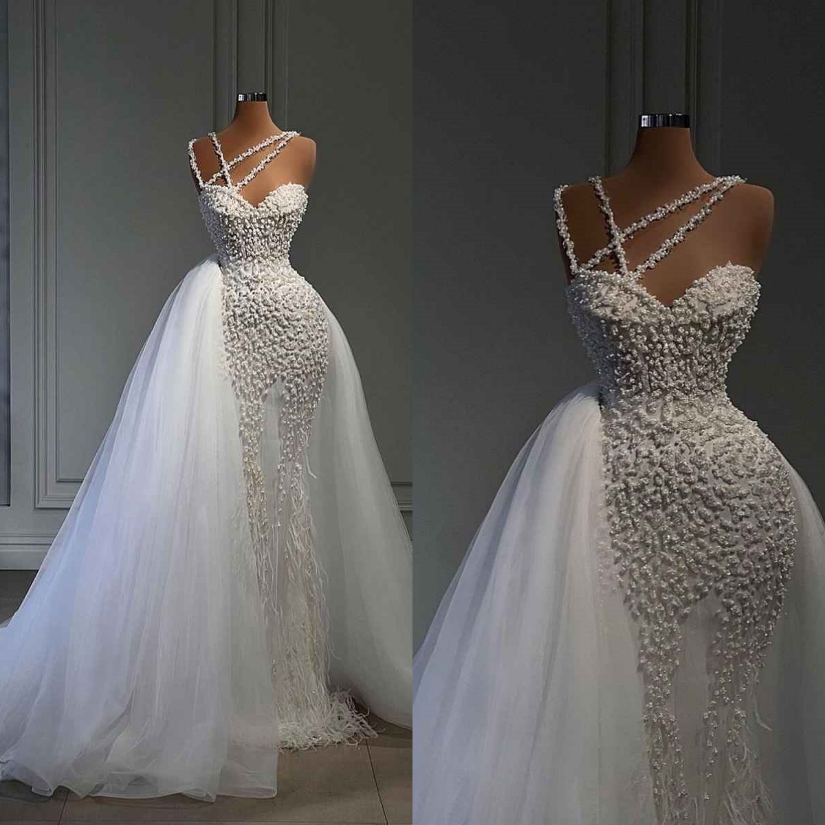 Exquisite Mermaid Wedding Dresses Pearls Beaded Feather Sweetheart Neck Bride Dress Detachable Sweep Train Bridal Dress Customized