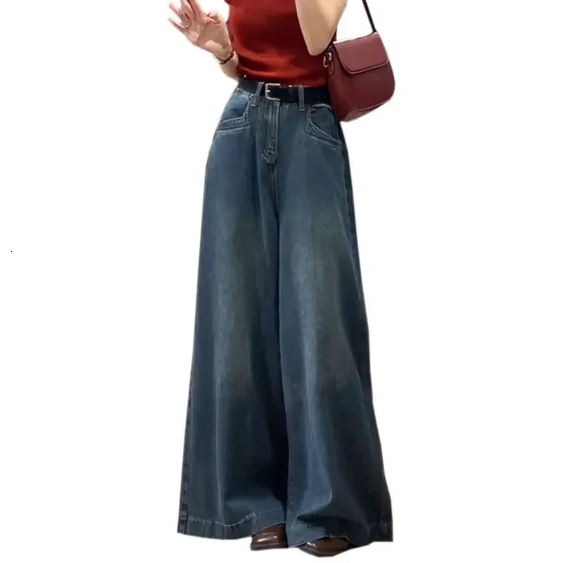 Womens high waisted retro straight leg denim mens loose and loose wide leg pull pants fashion version 250321