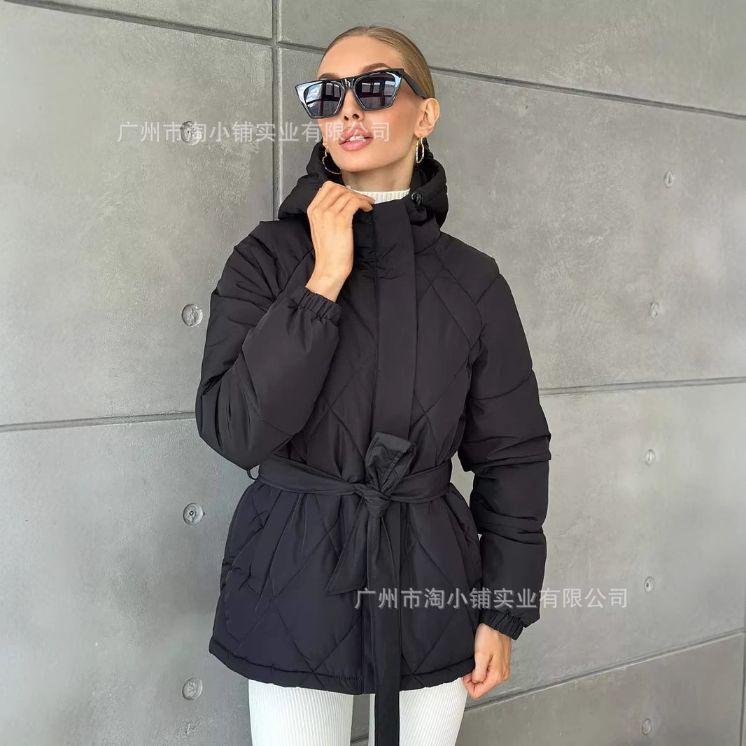 2025 Hooded Cotton New Product Thickened Autumn/Winter Fashion Jacket Women's Solid Color Belt Warm Coat Zipper