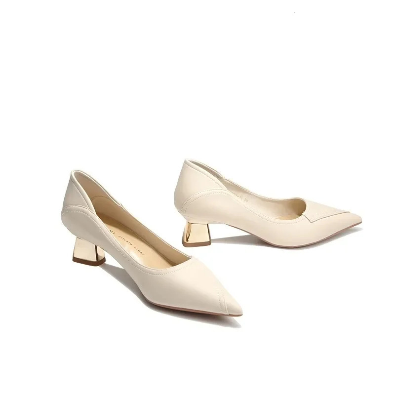 Wearing medium high heels formal sexy toe womens shoes square high heels beige shoes womens Square L Spring Korean Lastest E 250318
