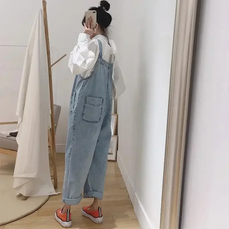 2025 Korean Street Clothing Denim jumpsuit Womens Loose Cute Casual Fashion Girls Maxi Blue Jeans Overalls S2XL 250324