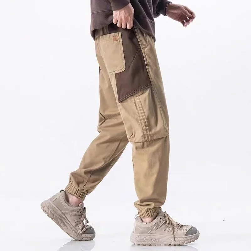 Mens retro patch work pants autumn pockets comfortable jogging casual outdoor elastic waist Trousers 250322