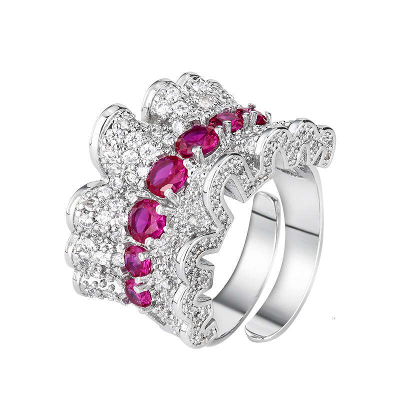 Zhuang Shengsheng Jewelry Copper Bottom Gold Plated Simulated Red Corundum Finger Wind pleated Skirt Inlaid Diamond Row Ring