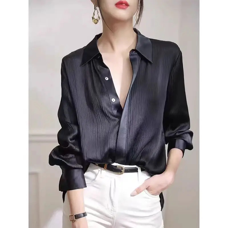 Womens Shirts Spring Black Satin Texture Loose Long-sleeved Blouse Elegant Office Lady Work Wear Fashion Female Clothing 250317