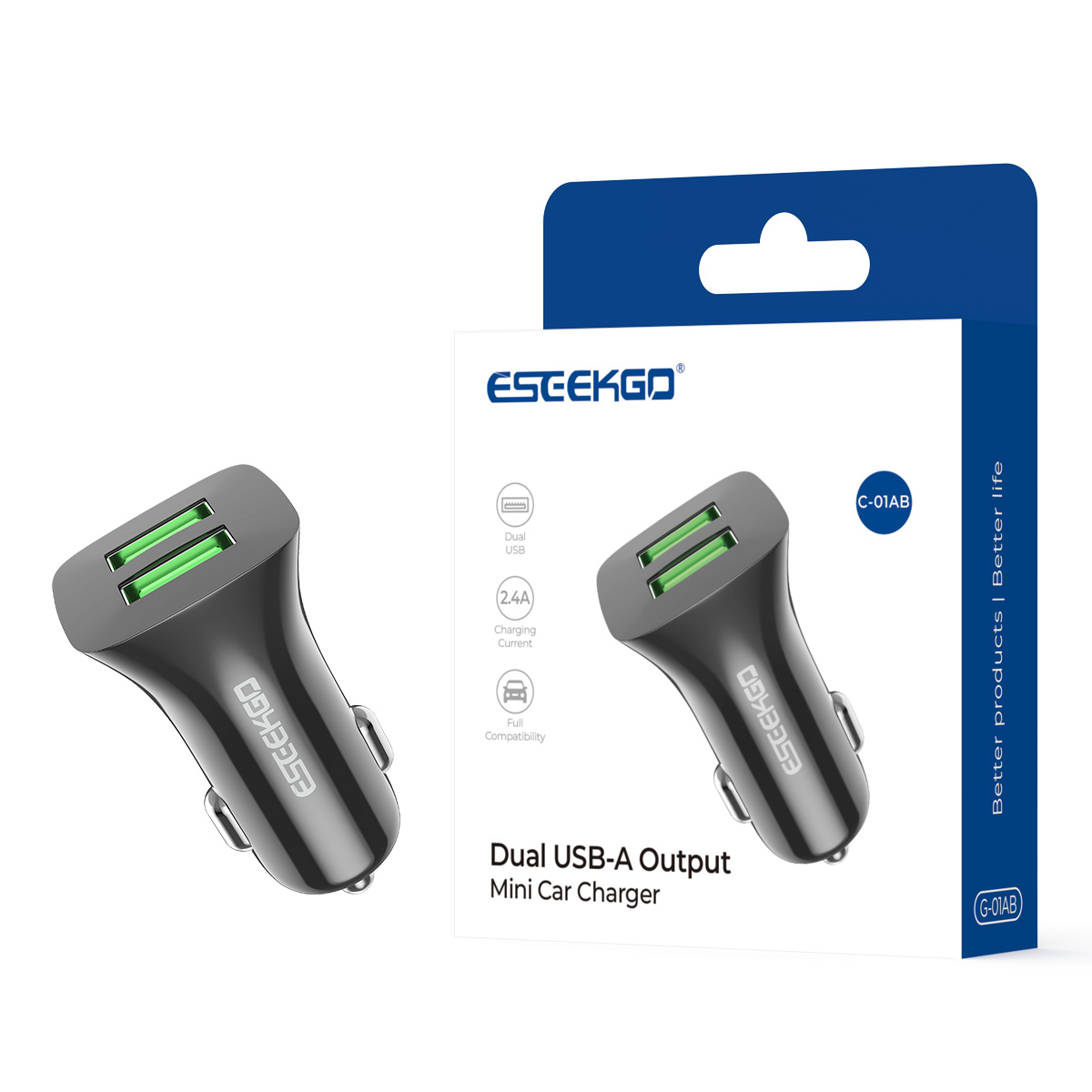 USA STOCK ESEEKGO C-01AB Dual USB-A Car Charger With Retail Package durable lightweight ship in 2 days black