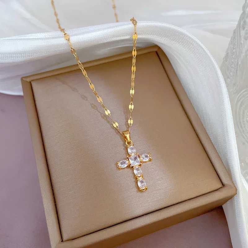 Luxury Shiny Pink Black Clear Zircon Cross Pendant Necklaces for Women Girls Train Stainless Steel Chain Choker Jewelry Gifts W250616