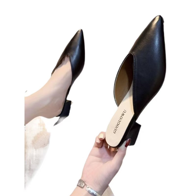 mules square woman toe high heels New slippers Korean designer V open soft leather outdorr slides lazy shoes female sandalias
