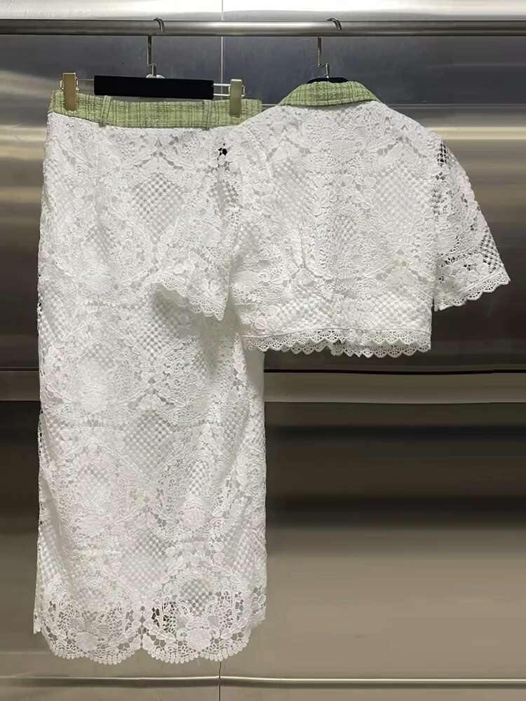 Hollow Out Embroidery Two Piece Set For Women Lapel Short Sleeve Tops High Waist Long Skirts Slimming Sets Female Fashion