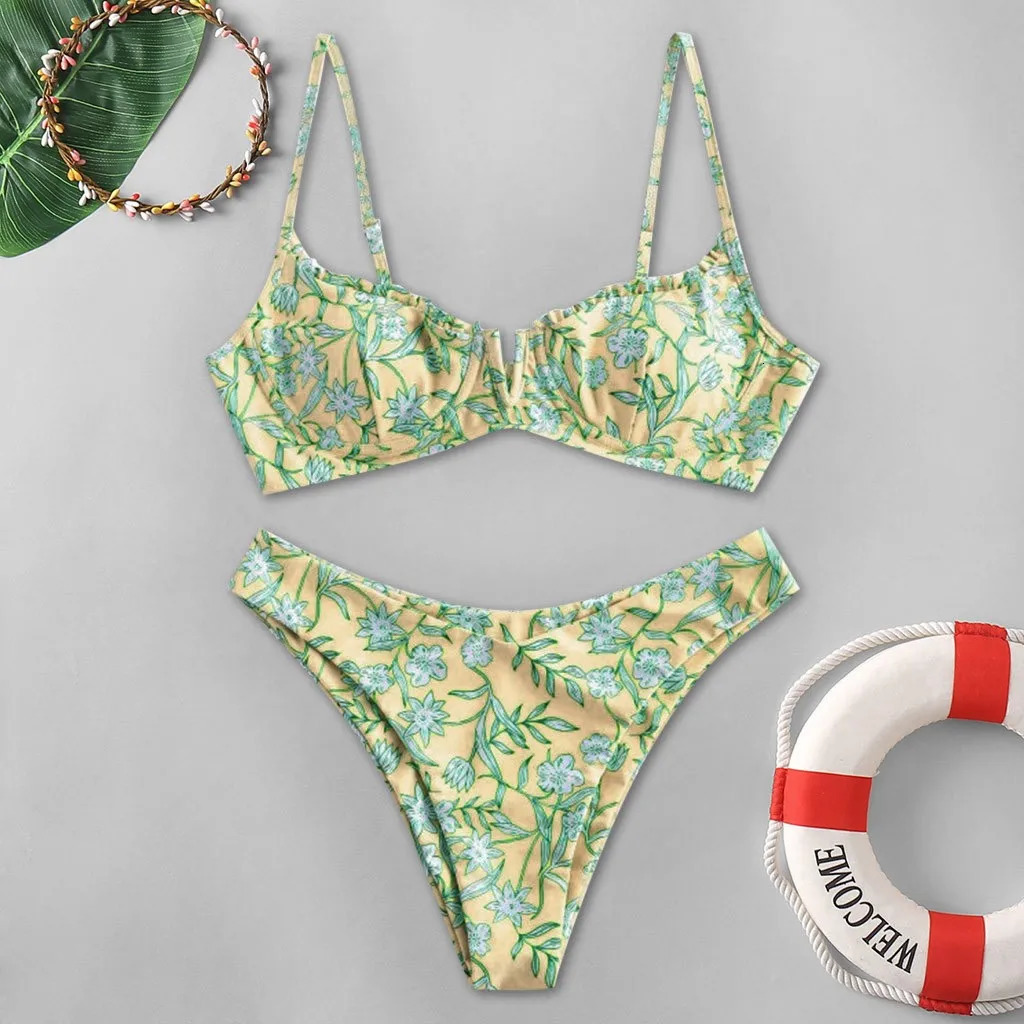 Beach Swimsuit Floral Printed Bikinis Set Push Up Bra Split Tankinis Summer 2pcs Sexy Female Boho Beachwear 250321