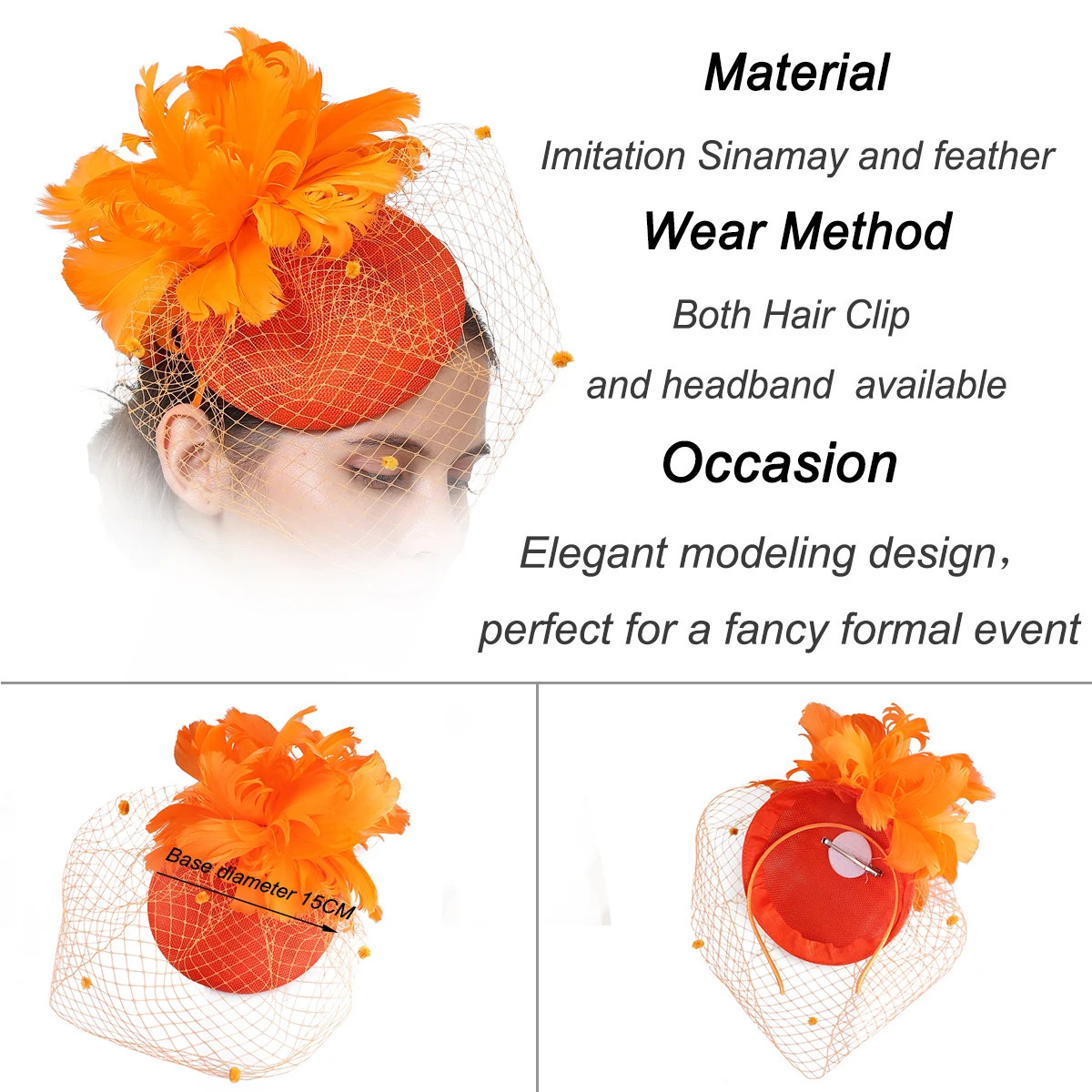 Orange Linen Cocktail Fascinator Hat Derby Millinery Hair Accessories Elegant Cover Face Veils Feather Flower Headband 250320