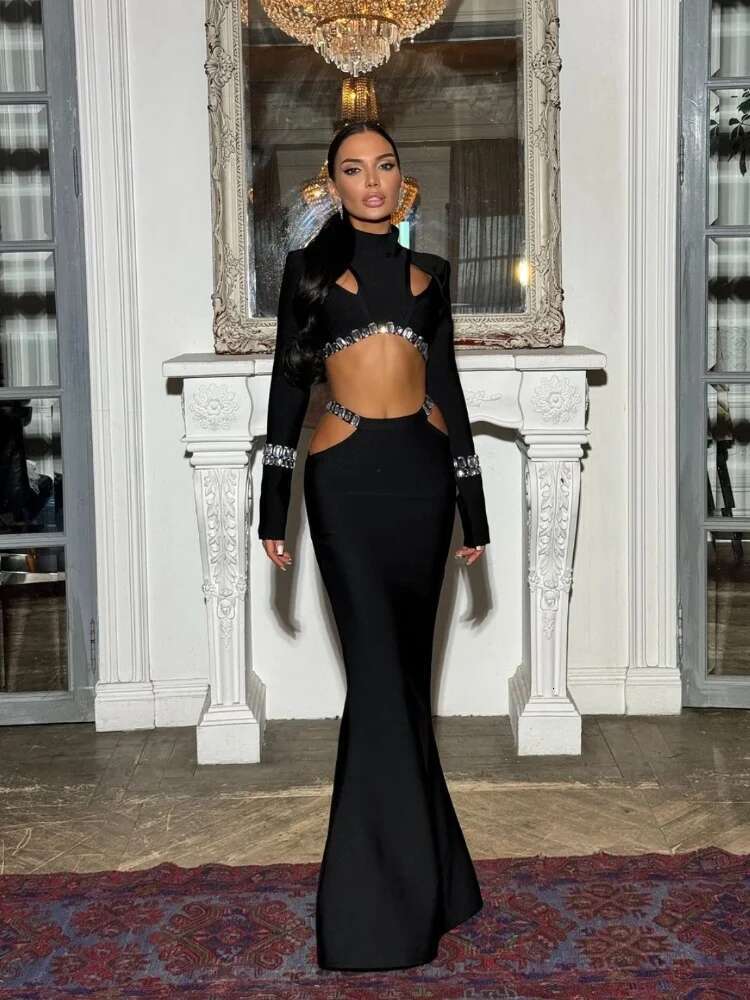 Brand New Women Sexy Long Sleeve Fishtail Black Bandage Maxi Skirt Suit Knitted Elegant Crystal Club Party Two Pieces Set