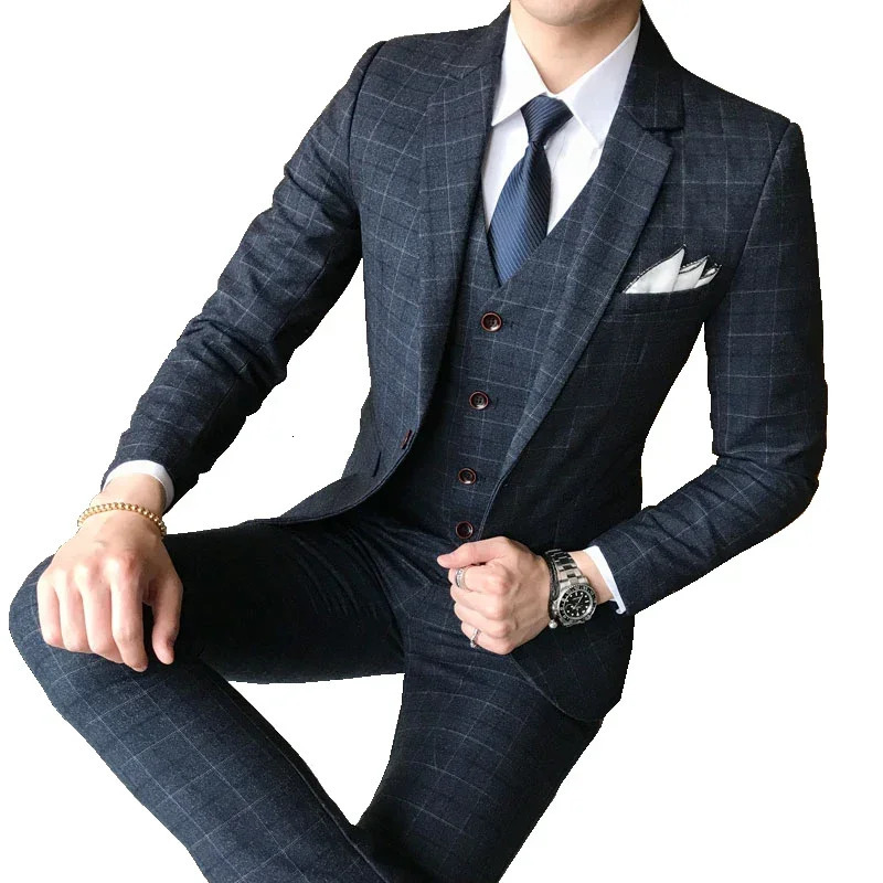 Jacket Vest Pants Mens Suit 3 Piece Fashion Boutique Plaid Wedding Business Casual Men Blazer Wedding Party Dress Suits 250325