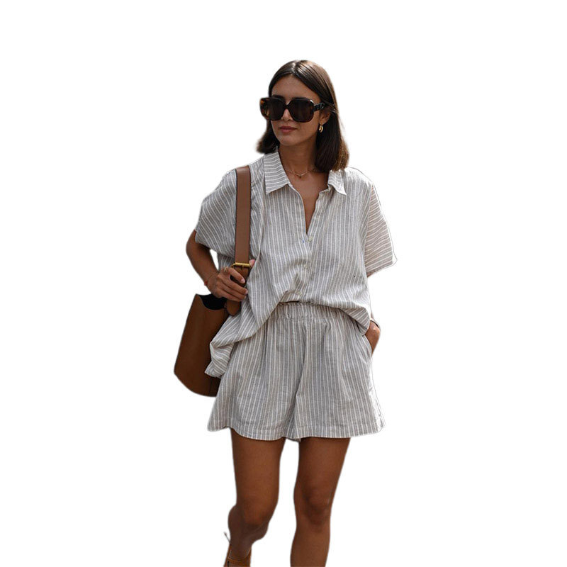 2025 Spring/Summer New Striped Shirt Shorts Set Fashionable, Comfortable, Casual, Loose and Versatile
