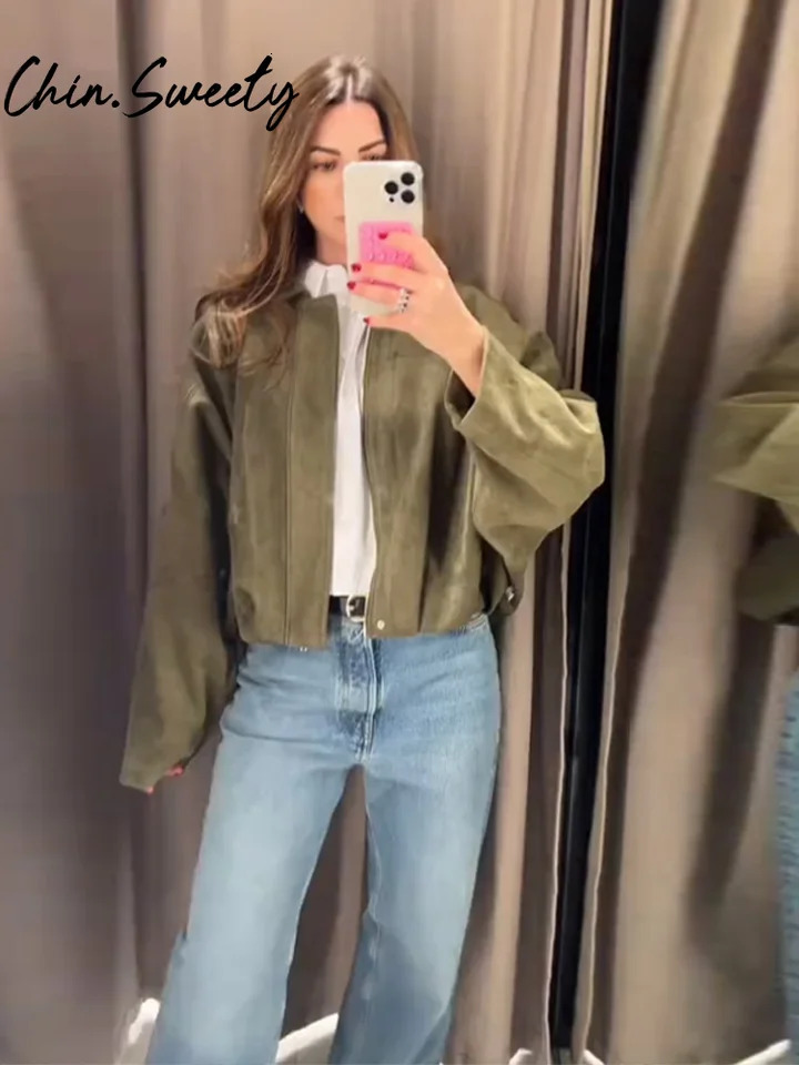 Vintage Suede Solid Women Jacket Casual Lapel Zippers Covered Button Female Coats 2025 Spring Autumn Street Lady Outwear 250325