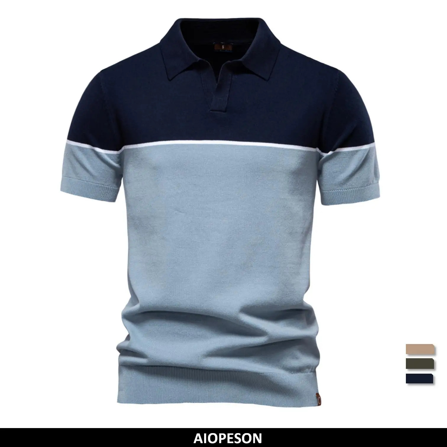 AIOPESON 2025 Mens VNeck Color Block Polo Shirt 100 Cotton Slim Fit Striped Contrast Business Casual Summer Comfort 250311