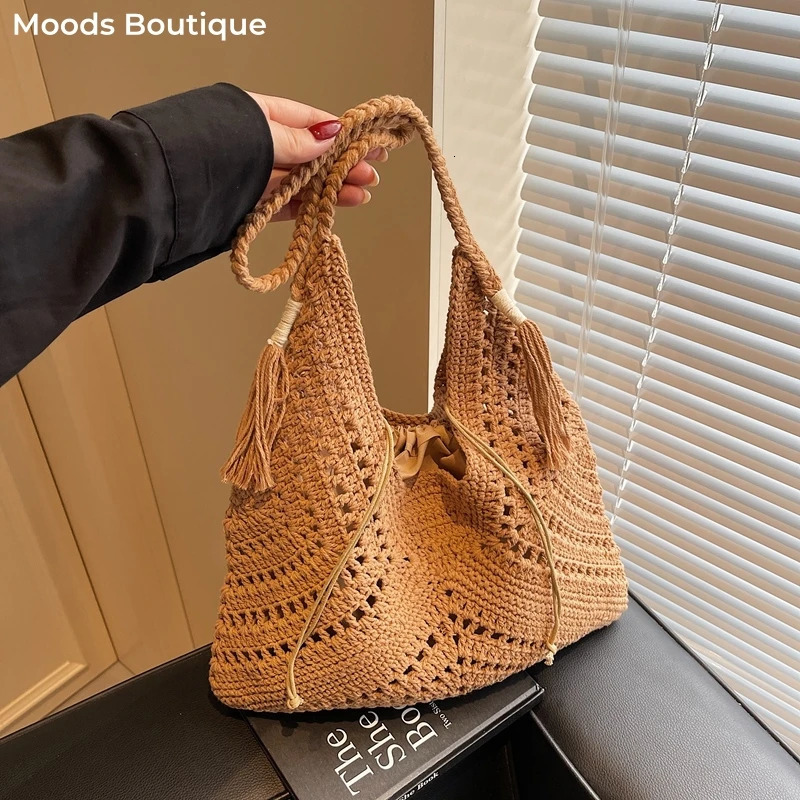 Crochet 2in1 Womens Shoulder Bag Set Raffia Boho Rattan Summer Beach Resort Handbag Knitted n 2025 250401