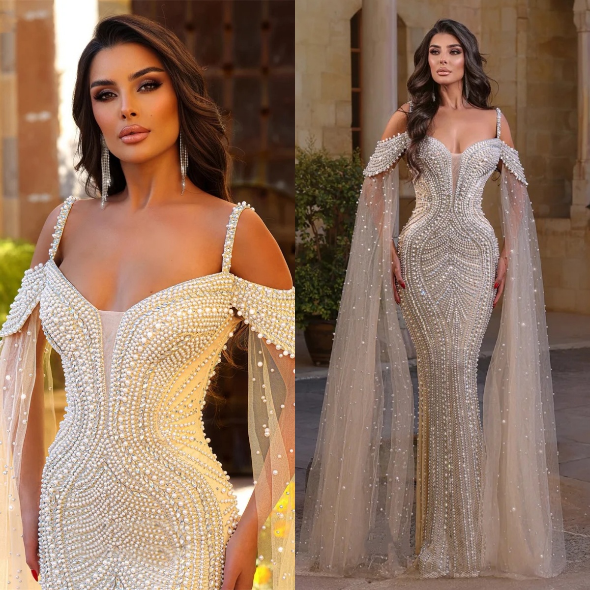 Gorgeous Pearls Wedding Dresses Off Shoulder Beading Bridal Gowns Rhinestone Mermaid Beaded Customized Princess Sweep Train Bride Dress Vestidos De No