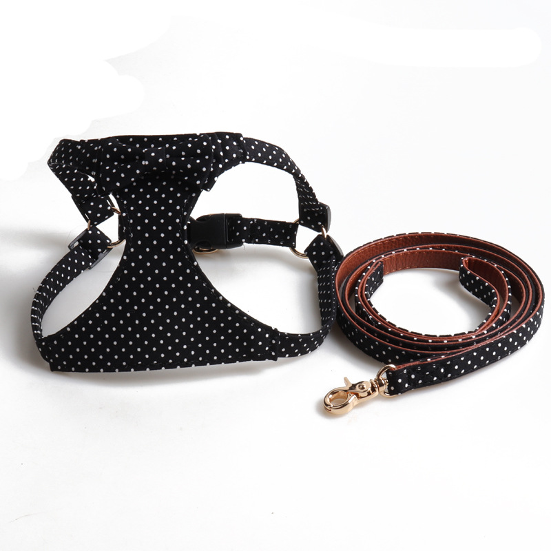 Polka Dots Bow Puppy Harness and Leash Set, No Pull Lightweight Soft Suede Lining Adjustable Pet Harness Vest with Snap Buckle for Puppy Small and Med