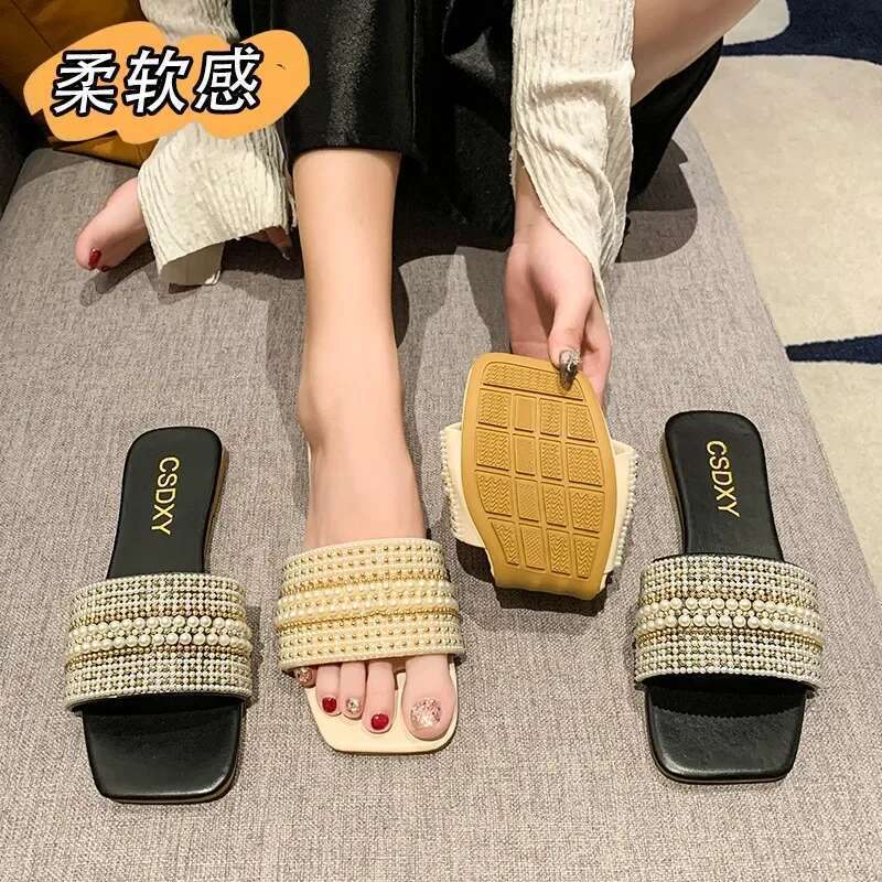 Designer Flat square head women's slippers casual everything home bedroom beach shoes