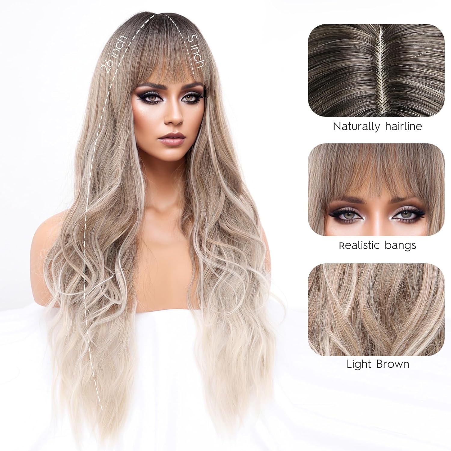 Long Ash Blonde Wig with Bangs and Highlight Ombre Blonde Women Long Wavy Hair Wig Curly Wavy Synthetic Wigs for Girls Daily Party Use(26 inch)