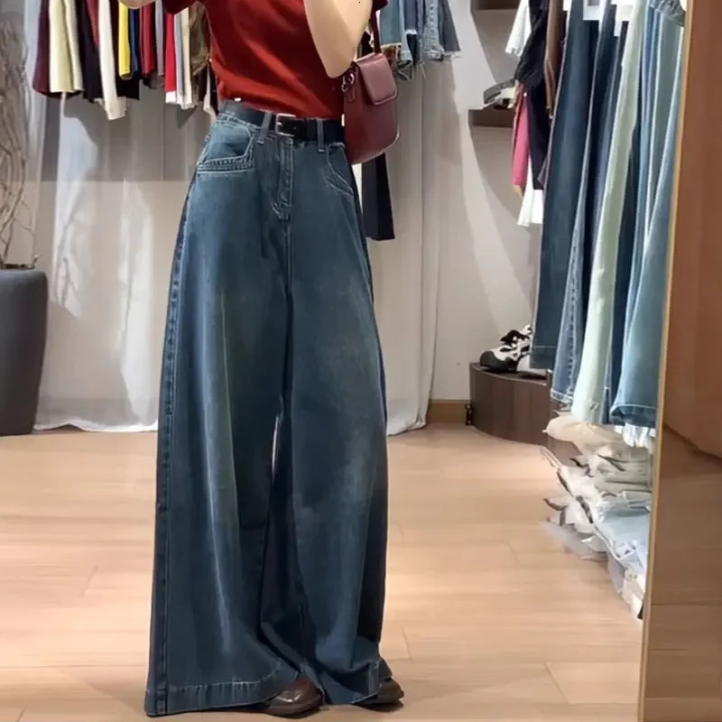 Womens high waisted retro straight leg denim mens loose and loose wide leg pull pants fashion version 250321