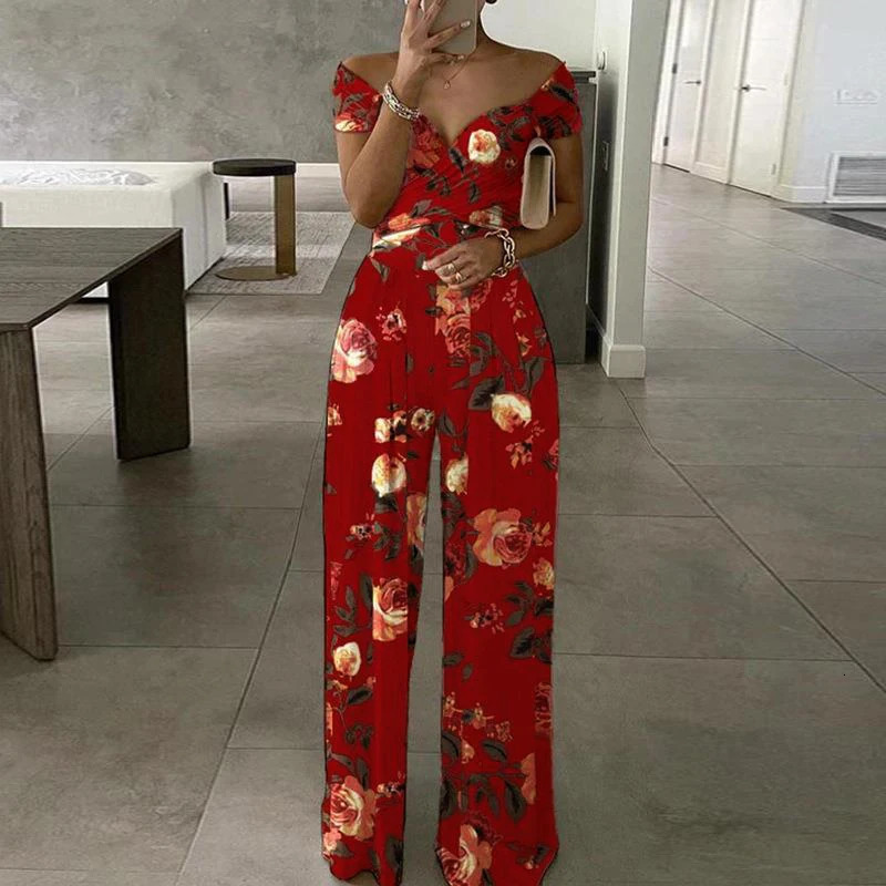 ly printed summer clothing French retro fashion jumpsuit wide leg straight pants Vneck elegant casual OL trendy womens 250324