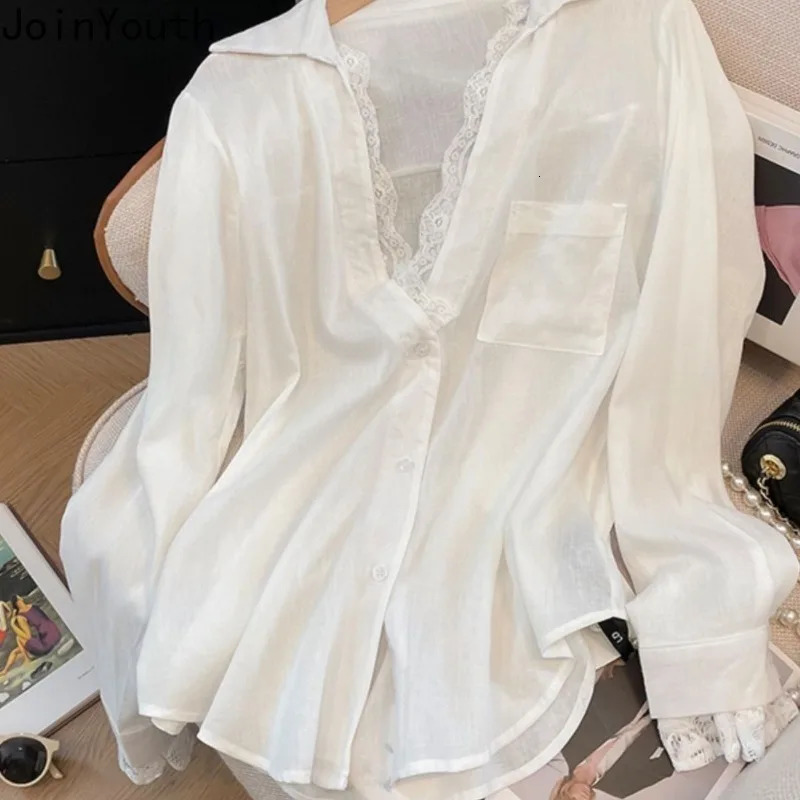 Camisas De Mujer white long sleeved shirt womens shirt patch work lace fashion shirt see through oversized sexy top 250322
