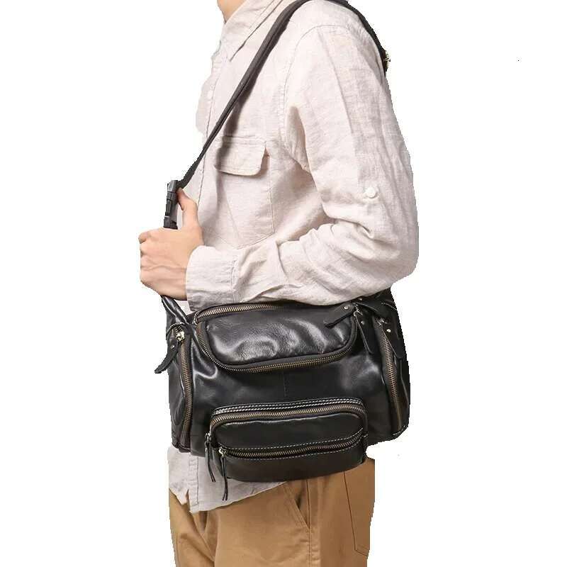 LUOKIR Genuine Men's Chest Large Capacity Oil Leather Waist Bag, Sports Cowhide Shoulder Crossbody Bag