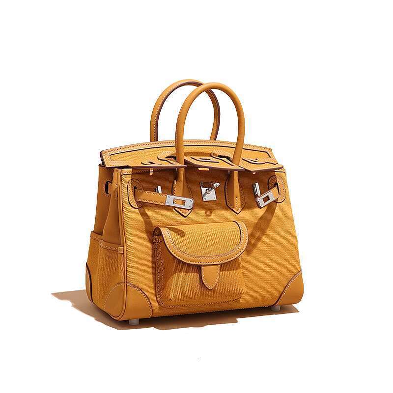 Women's Bags Small niche design cargo bag women's canvas patchwork color genuine leather 25cm handle handbag