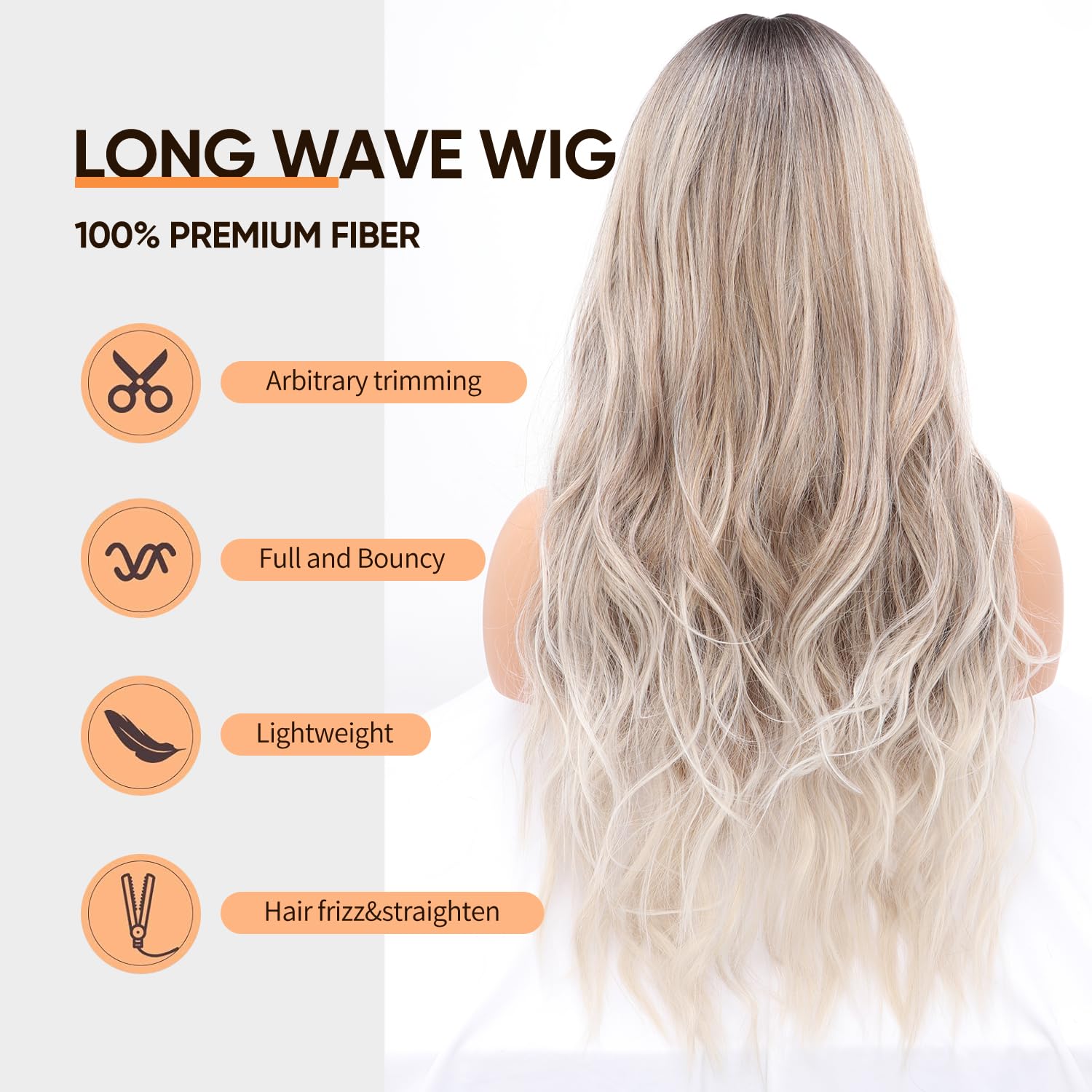 Long Ash Blonde Wig with Bangs and Highlight Ombre Blonde Women Long Wavy Hair Wig Curly Wavy Synthetic Wigs for Girls Daily Party Use(26 inch)