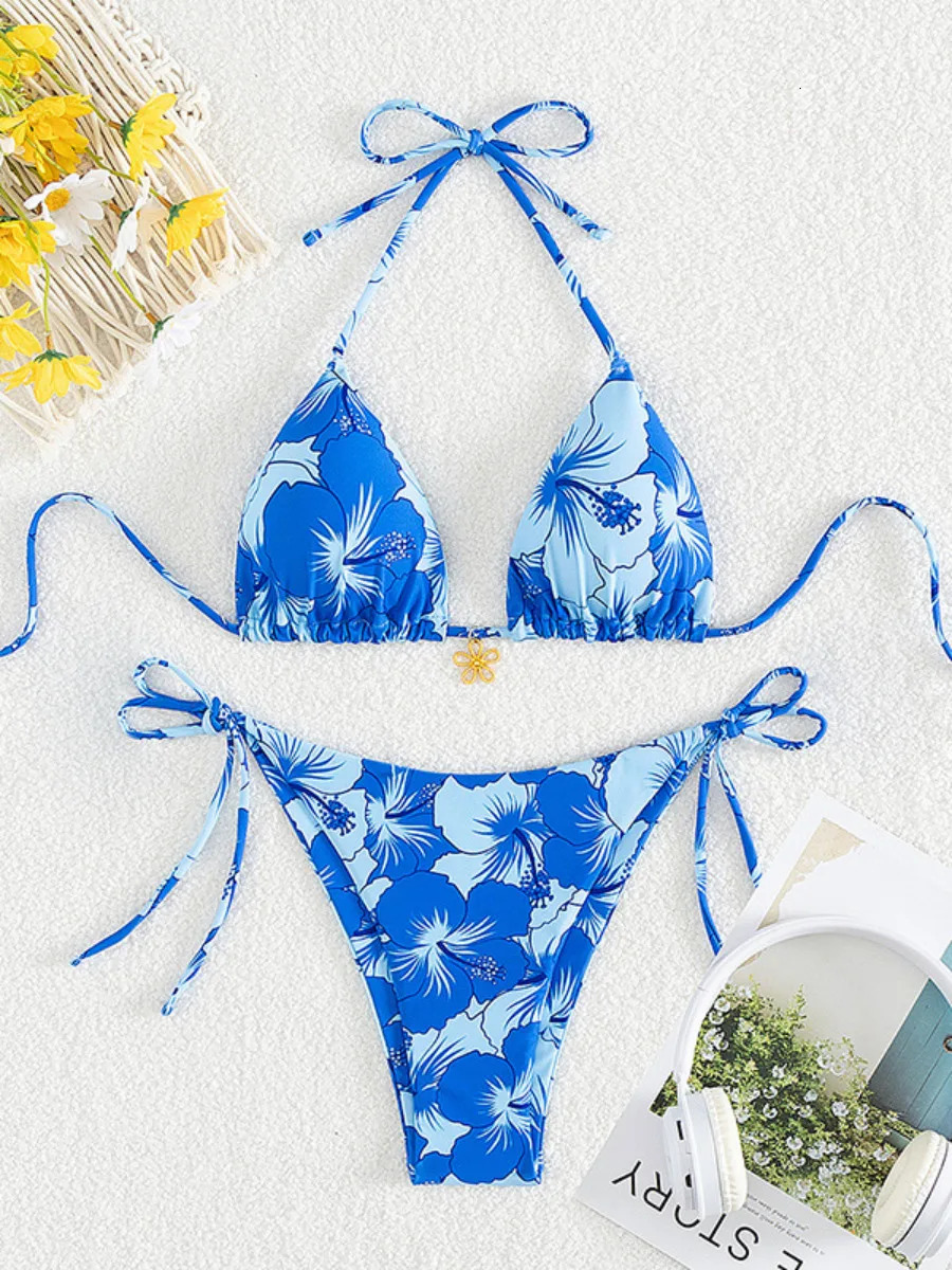 Bikini Set Womens Print 2 Piece Swimsuit Sexy Laceup Triangle Halter Backless Swimwear Beach Vacation Bathing Suit 2025 250321