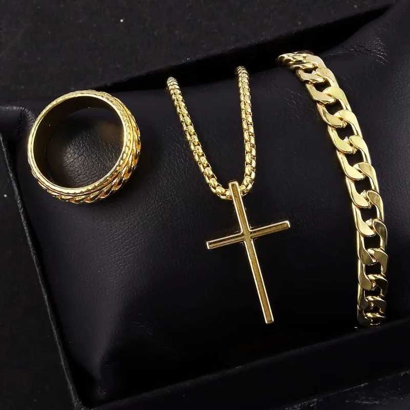 3 pieces/set Punk Black Cross Pendant Necklace Thick Chain Bracelet Ring Fashion Jewelry Set for Men Autumn W250325