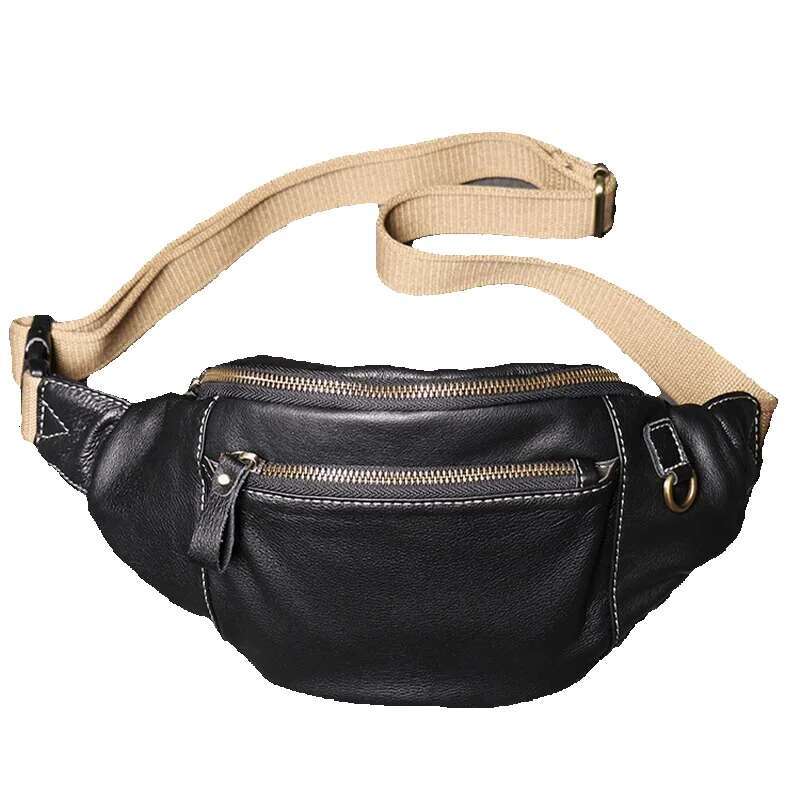 ROOG Stylish Black Genuine Leather Chest Versatile Multi-Pocket Casual Waist Bag | Great For Travel And Everyday Use