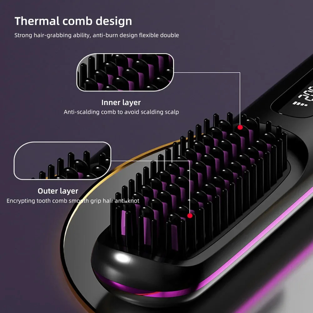 Hair Straightener Brush USB Rechargeable Cordless Negative Ions Brush Electric Fluffy Curly Hair Styling Detangling Comb 250324