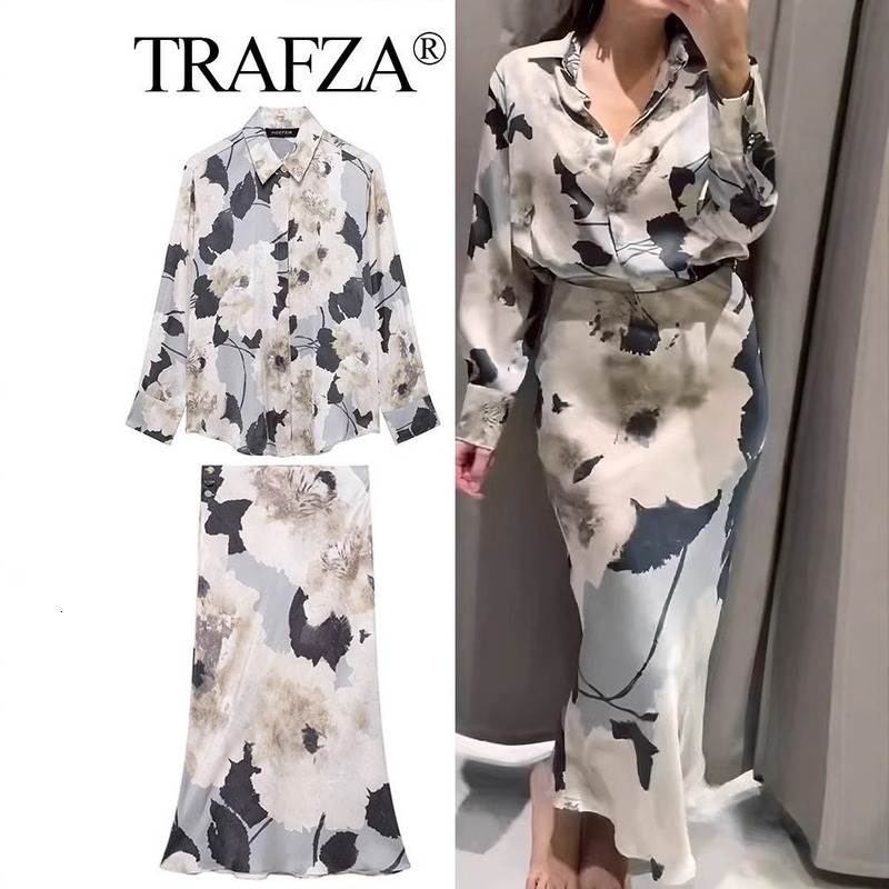 TRAFZASHEIN Spring New Silk Texture Printed Shirt Skirt Set