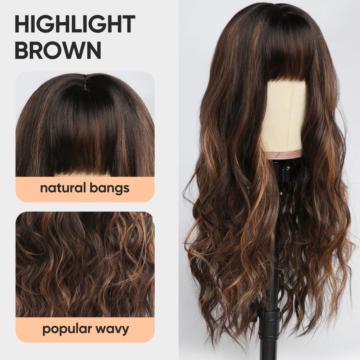 Brown Highlight Wig with Bangs Long Wavy Wig for Women Dark Brown Wigs with Highlights Natural Appearance Heat-Resistant Synthetic Wig Suitable for Fa