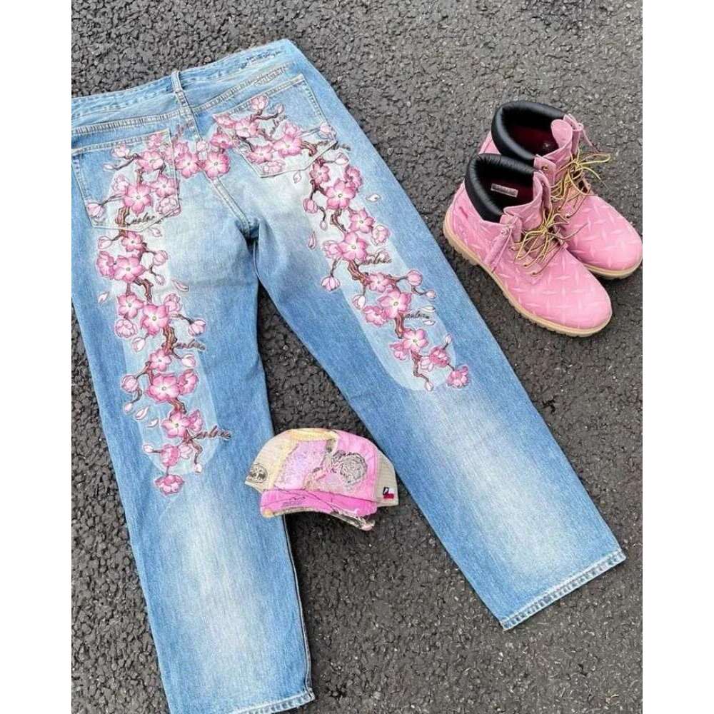 Women's Wear Retro Cherry Blossom Embroidery Baggy Jeans Women Y2k Haruku Hip Hop Casual Joker Wide Trousers American Gothic Street Wear