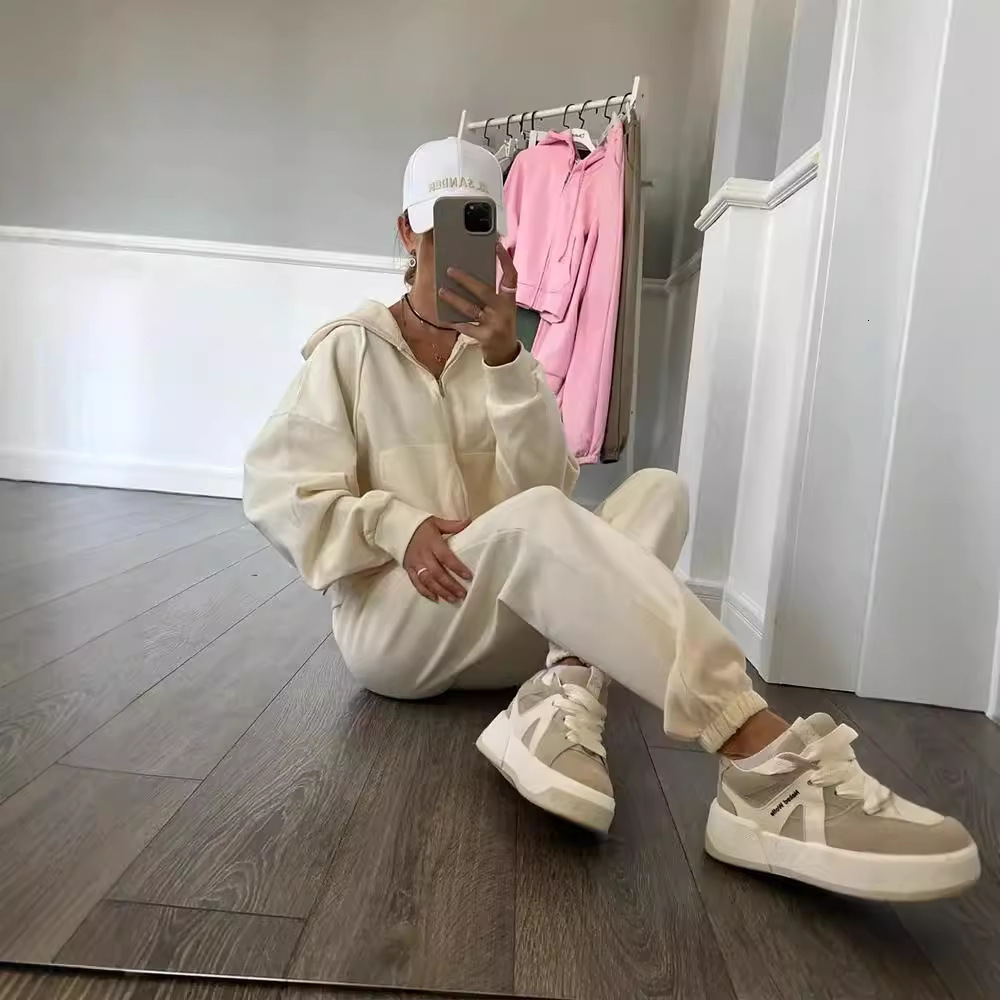 Casual Women's Solid Color Long Sleeve Zipper Hoodie Elastic Strap Pants Two Piece Set