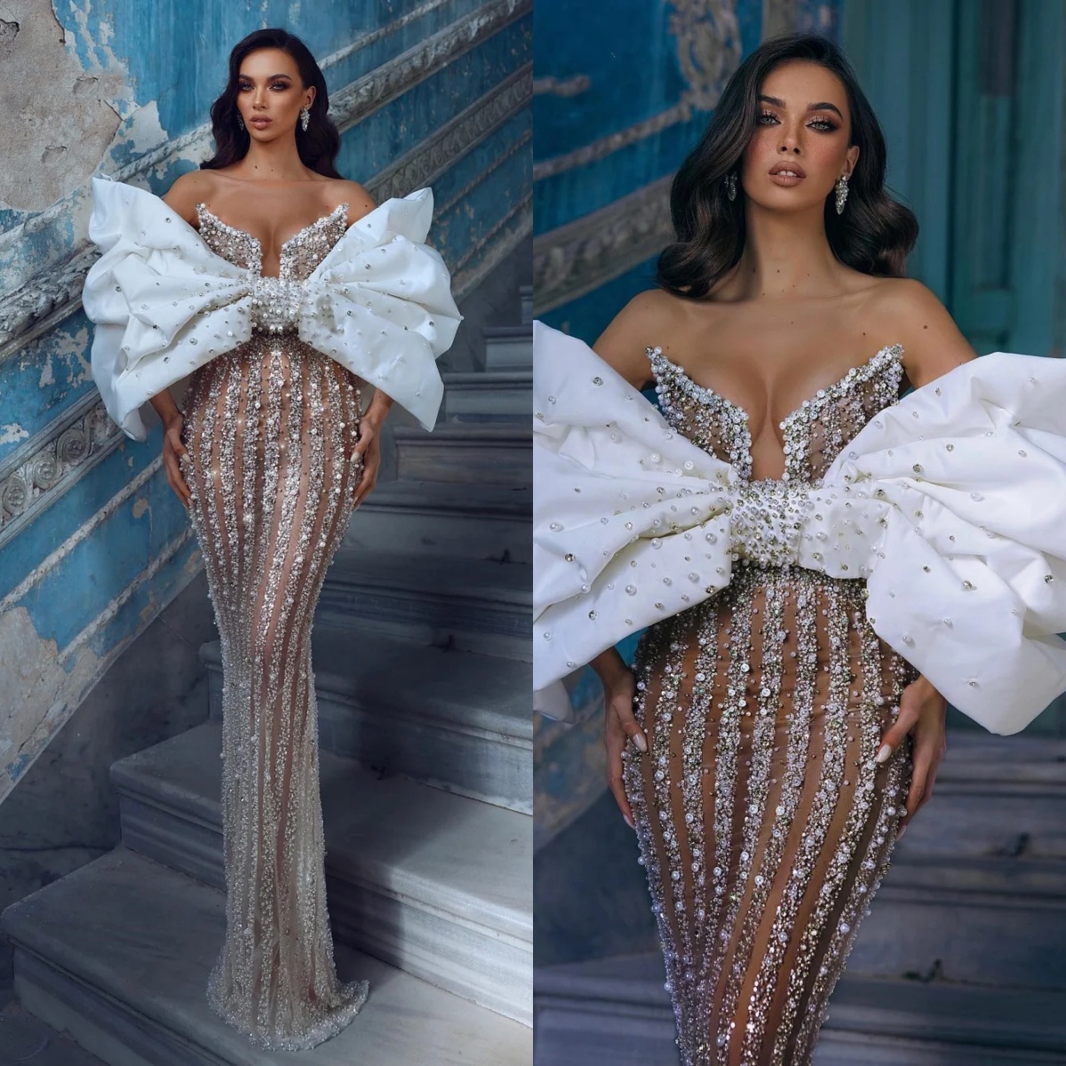 Gorgeous Evening Dresses Off Shoulder Sleeveless Bow Gown Sequins Pearls Crystal Sweep Train Party Customized Dress