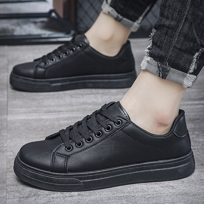 Women's Black Korean Trendy Lace Up Full Matching PU Casual Comfortable Walking Board Shoes Women Sneakers 2023 97a6
