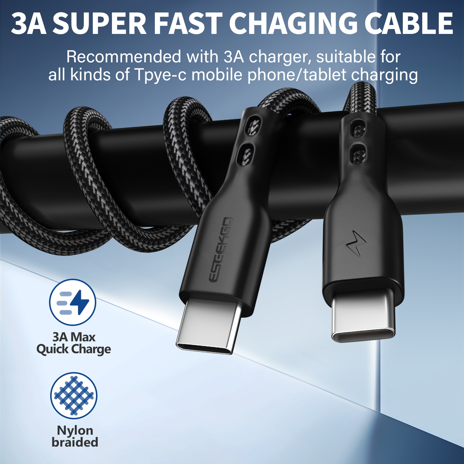 USA STOCK ESEEKGO G-34B Nylon Braided 3.0A 4FT Type-C to Type-C Data Cable With Retail Package ship in 2 days