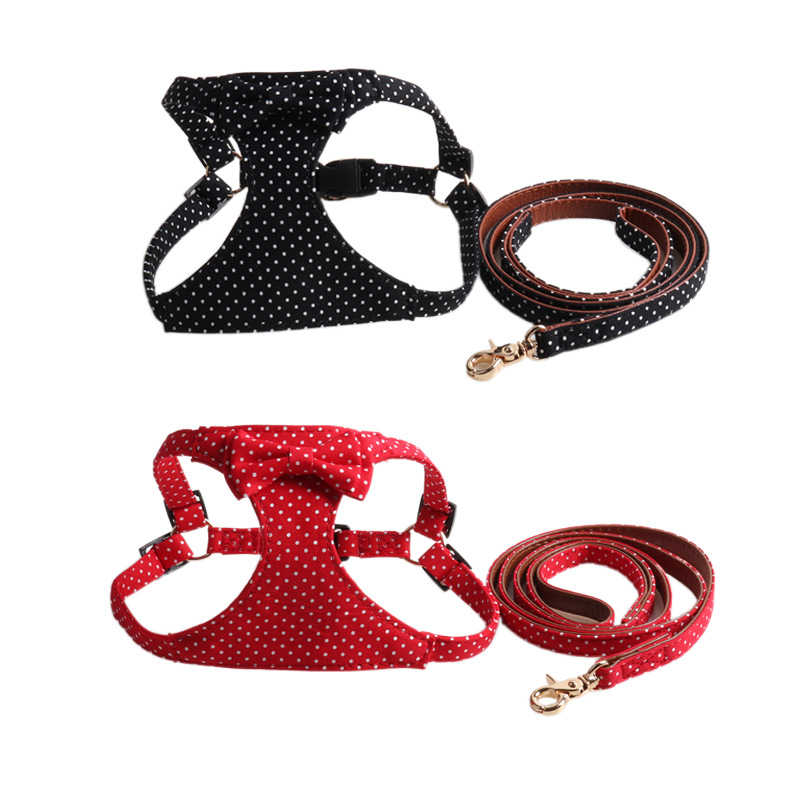 Polka Dots Bow Puppy Harness and Leash Set, No Pull Lightweight Soft Suede Lining Adjustable Pet Harness Vest with Snap Buckle for Puppy Small and Med