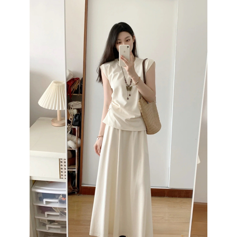 French Salt Style Dress Set, Women's Summer Outfit Paired With A Complete Of Fashionable Sleeveless Top, Half Body Long Skirt, Two-Piece Set