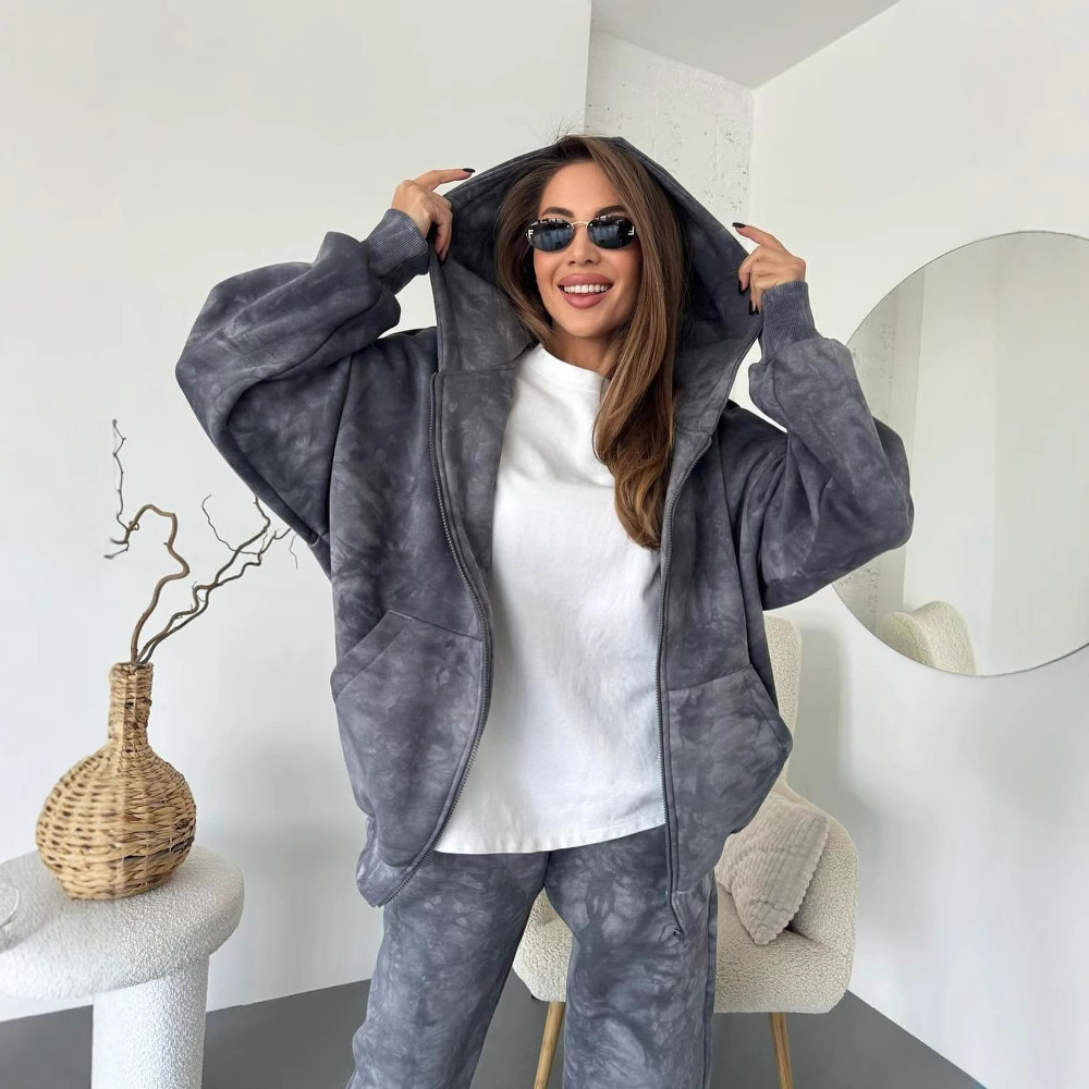 Early autumn lazy style suit tie dye long sleeved zipper hooded sweatshirt, high waist straight leg casual sweatpants, women's high-end feel